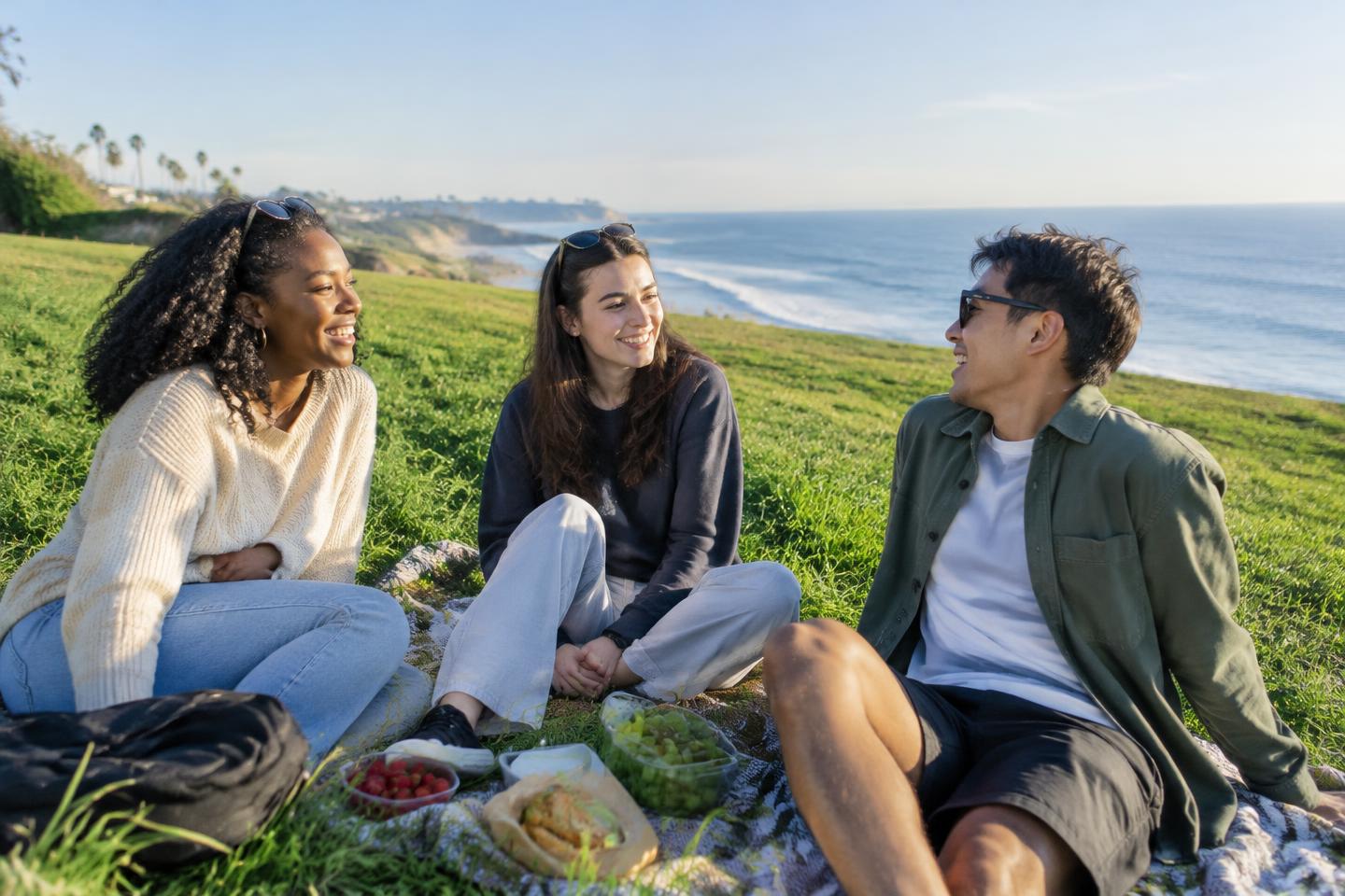 Friends enjoying a picnic by the ocean